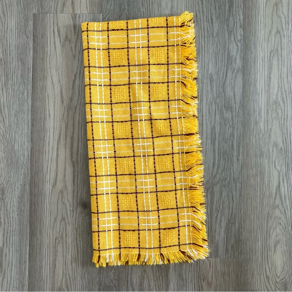 Yellow, Brown & White Plaid Fringed Scarf